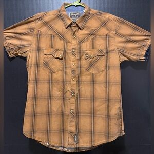 🛷Wrangler Retro Tan Darker Brown Western Plaid Snap Shirt